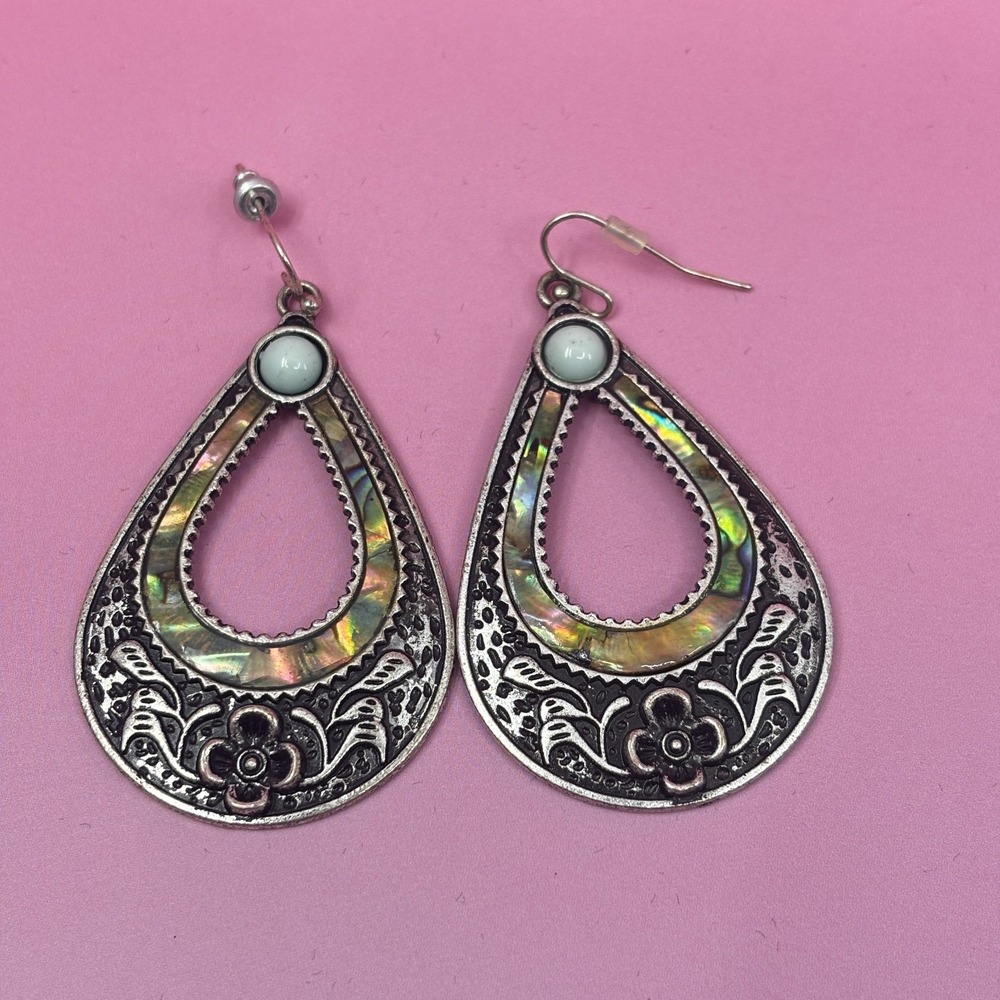 Abalone Shell Inlay Teardrop Earrings Silver Tone Floral Boho Statement Dangle